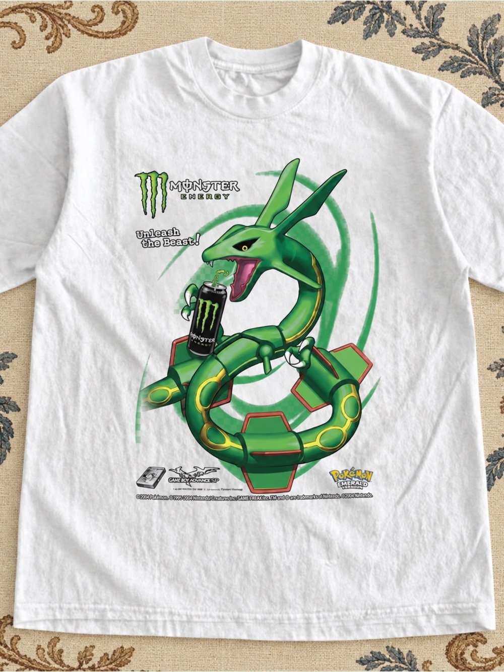 Gildan White Tee with Green Rayquaza Monster Energy Graphic